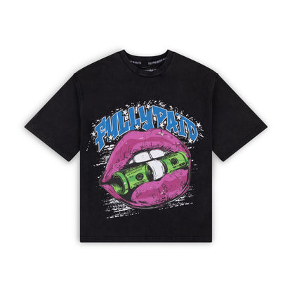 FULLYPAID BLACK ACID WASH MOUTH GRAPHIC T SHIRT