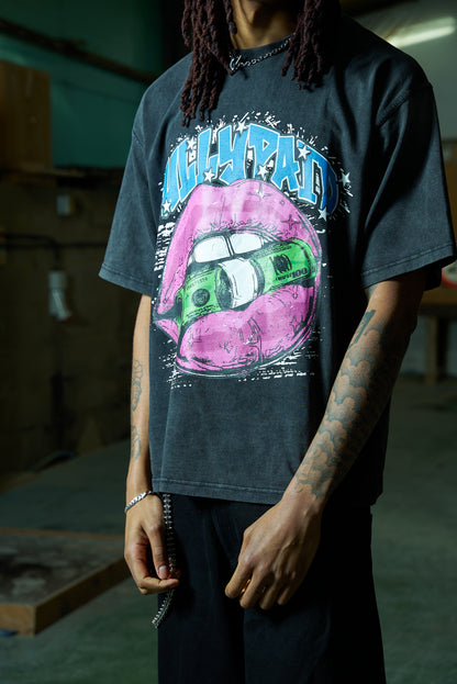 FULLYPAID BLACK ACID WASH MOUTH GRAPHIC T SHIRT