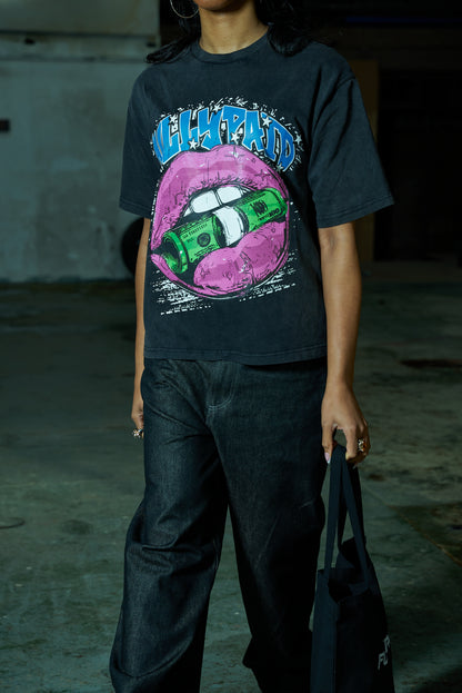 FULLYPAID BLACK ACID WASH MOUTH GRAPHIC T SHIRT